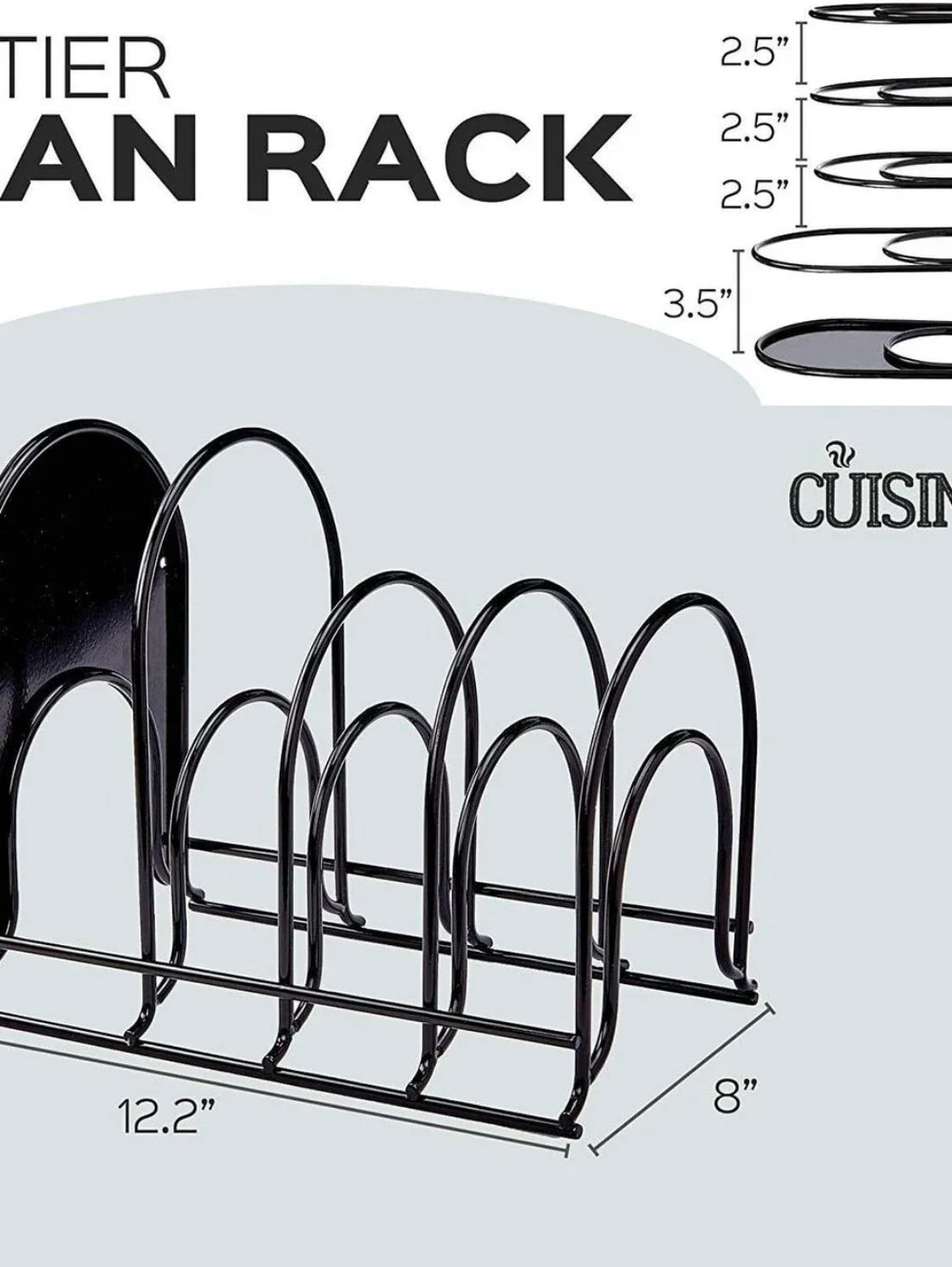 Cuisinel Pan Organizer for Cast Iron Skillets, Griddles, 5-Tier Rack, Black 12.2